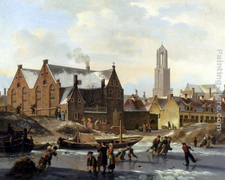 Skaters On A Frozen Canal painting - Jan Hendrik Verheijen Skaters On A Frozen Canal art painting